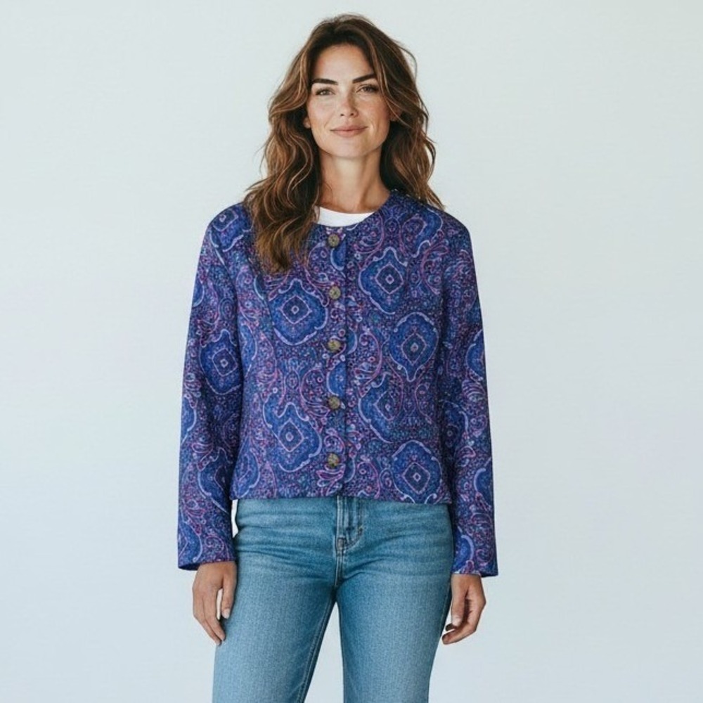 Vintage SK & Company Blue Purple Paisley Tapestry Cropped Jacket Metal Buttons 6